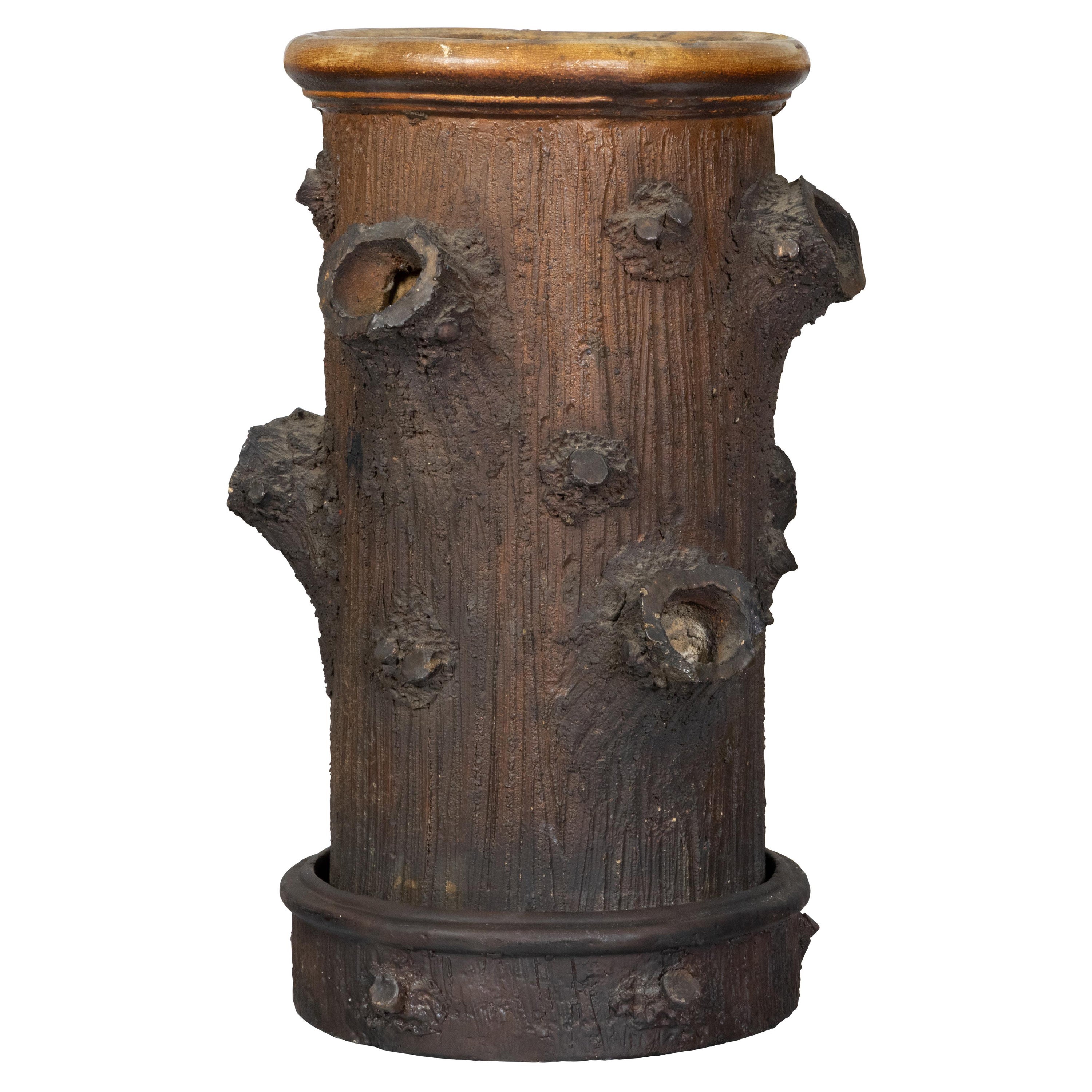 Rustic English Terracotta Faux Bois Umbrella Stand Depicting a Tree Trunk