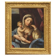 Antique Roman School of Italian Painting Madonna and Child Early XVIII Century