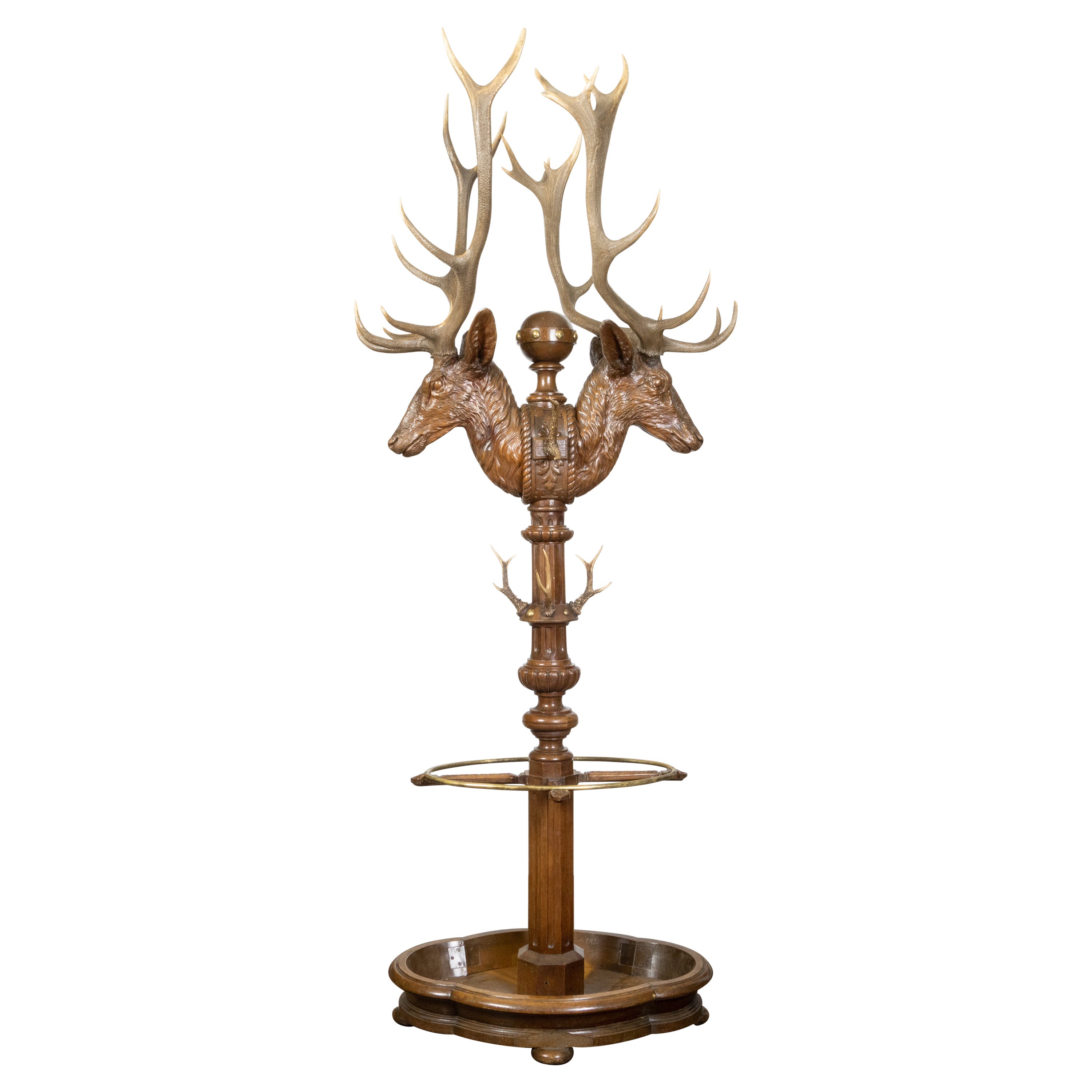 Oversized Black Forest 19th Century Carved Oak Stag Rack with Antlers