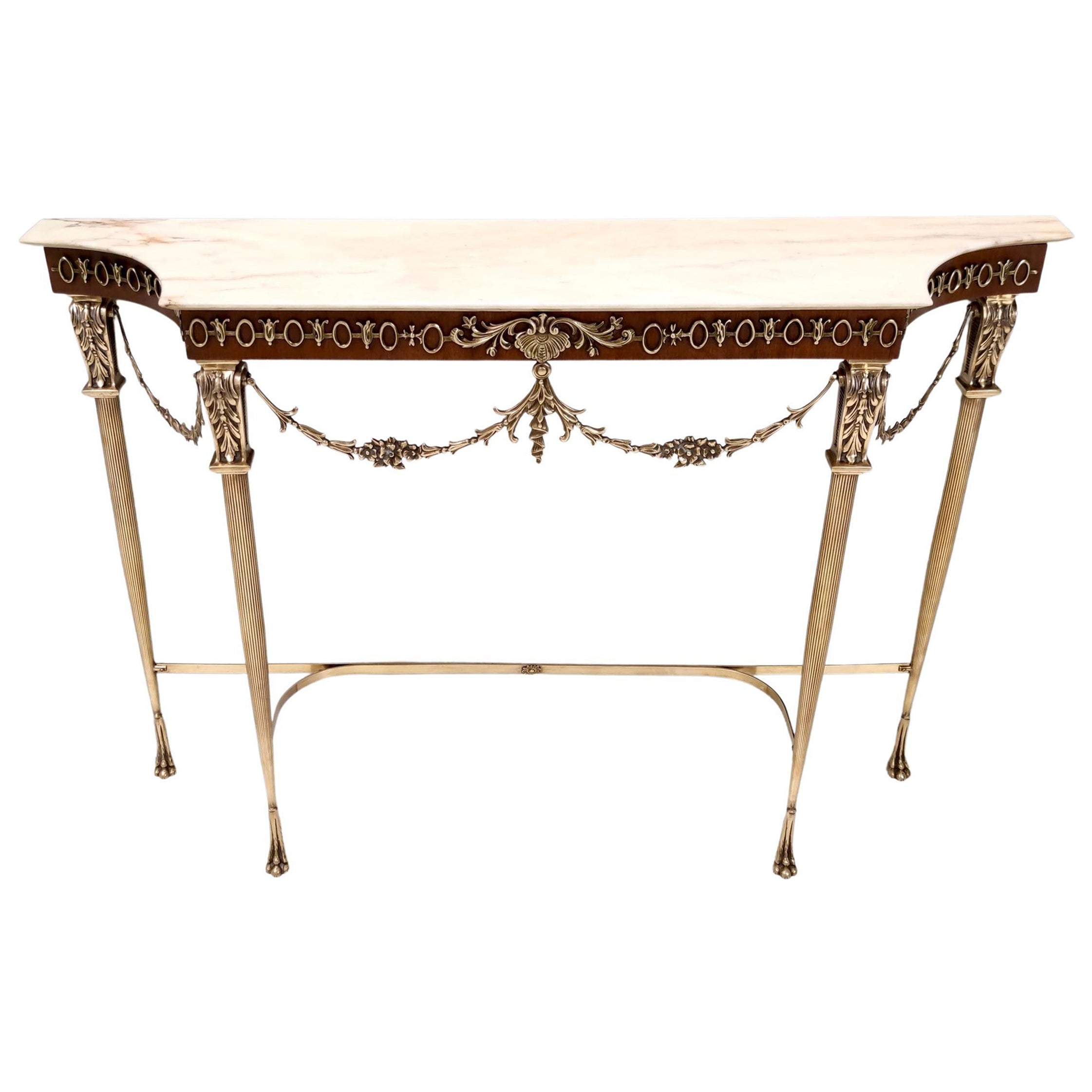 Vintage Walnut Console with a Portuguese Pink Marble Top and Brass Frame, Italy