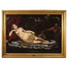 17th Century Oil on Canvas Italian Mythological Antique Painting Diana and Faun