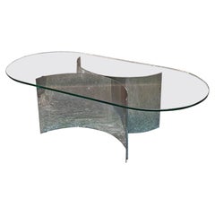 Italian Modern Oval Glass Top and Curved Steel Base Coffee Table, 1970s