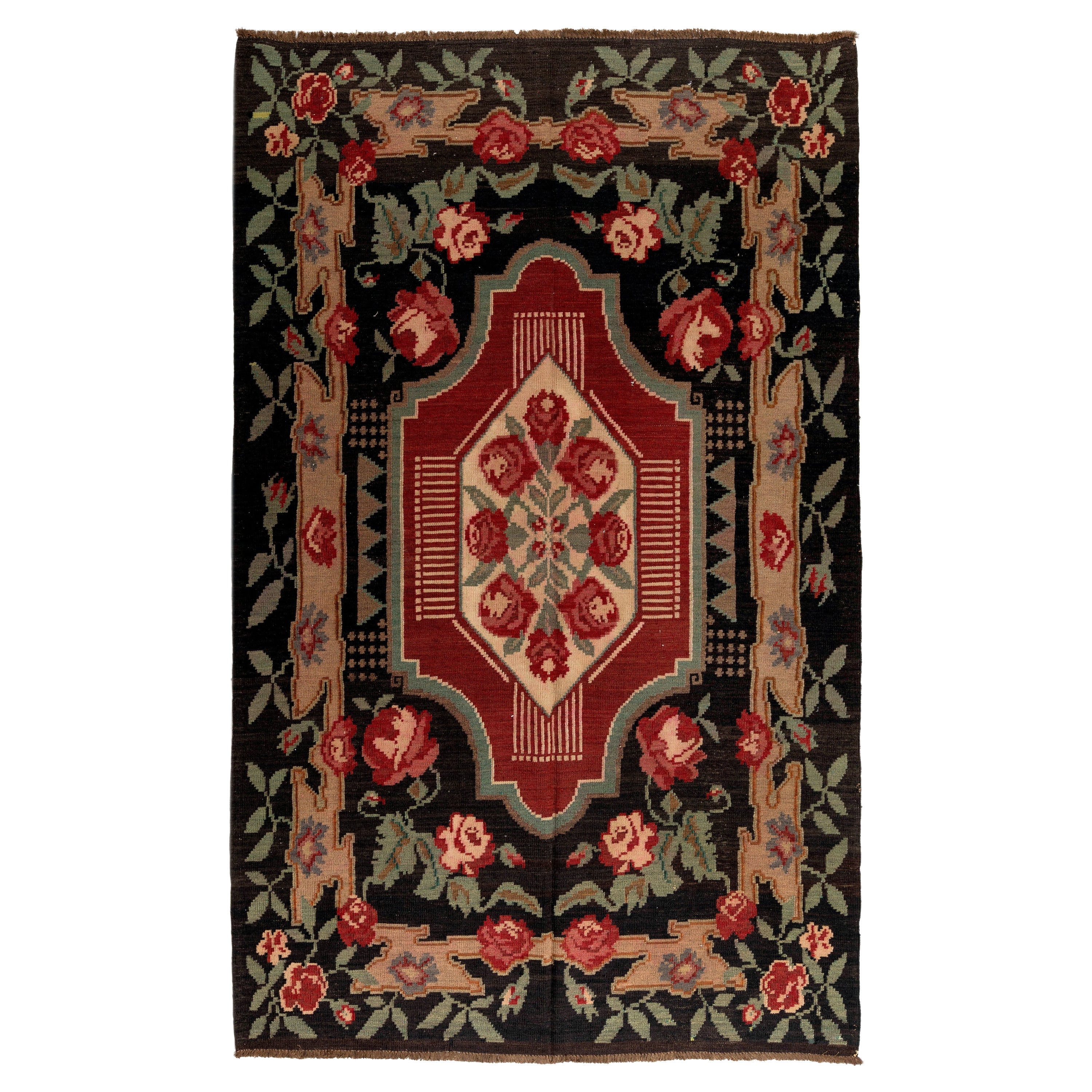 5.6x8.8 Ft Hand Woven Moldovan Kilim with Floral Design, Vintage Bessarabian Rug