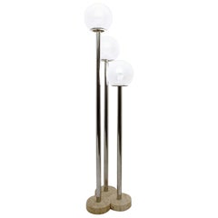 Floor Lamp with Travertine Feet, Metal and Murano Glass Globes by Vignelli