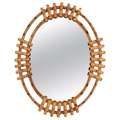 Spanish Bamboo Rattan Oval Sunburst Mirror, 1960s
