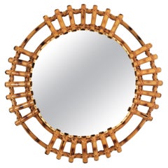 Spanish Round Sunburst Mirror in Bamboo Rattan, 1960s 