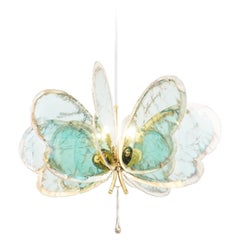 Butterfly chandelier , 8 Jade Silvered Glass wings , Brass Body, Crystal Drop