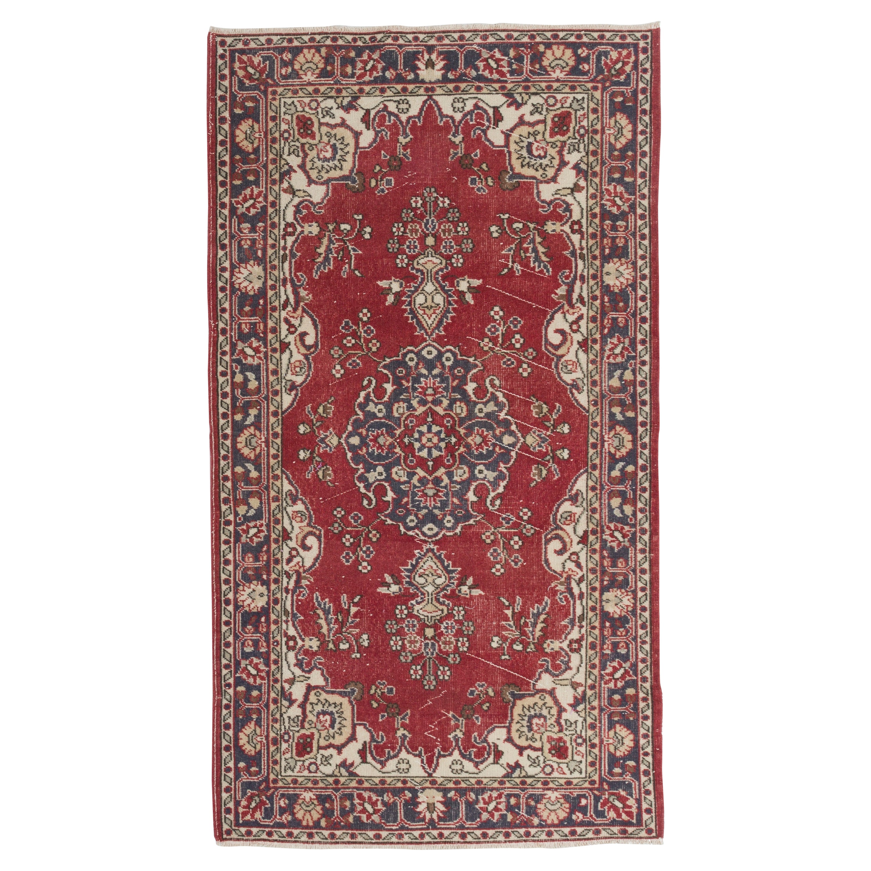 4x7 Ft One-of-a-Kind Vintage Hand-Knotted Anatolian Wool Rug in Red and Ivory For Sale