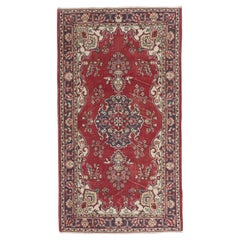 4x7 Ft One-of-a-Kind Vintage Hand-Knotted Anatolian Wool Rug in Red and Ivory