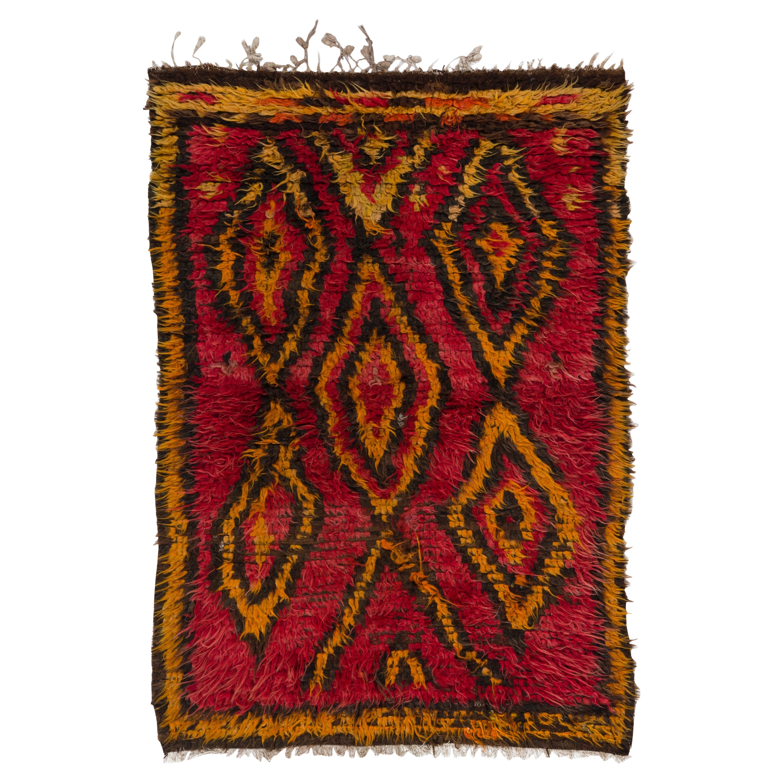 3.8x5.5 Ft Funky One-of-a-Kind Vintage Tulu Rug in Red, Orange, Brown, 100% Wool For Sale