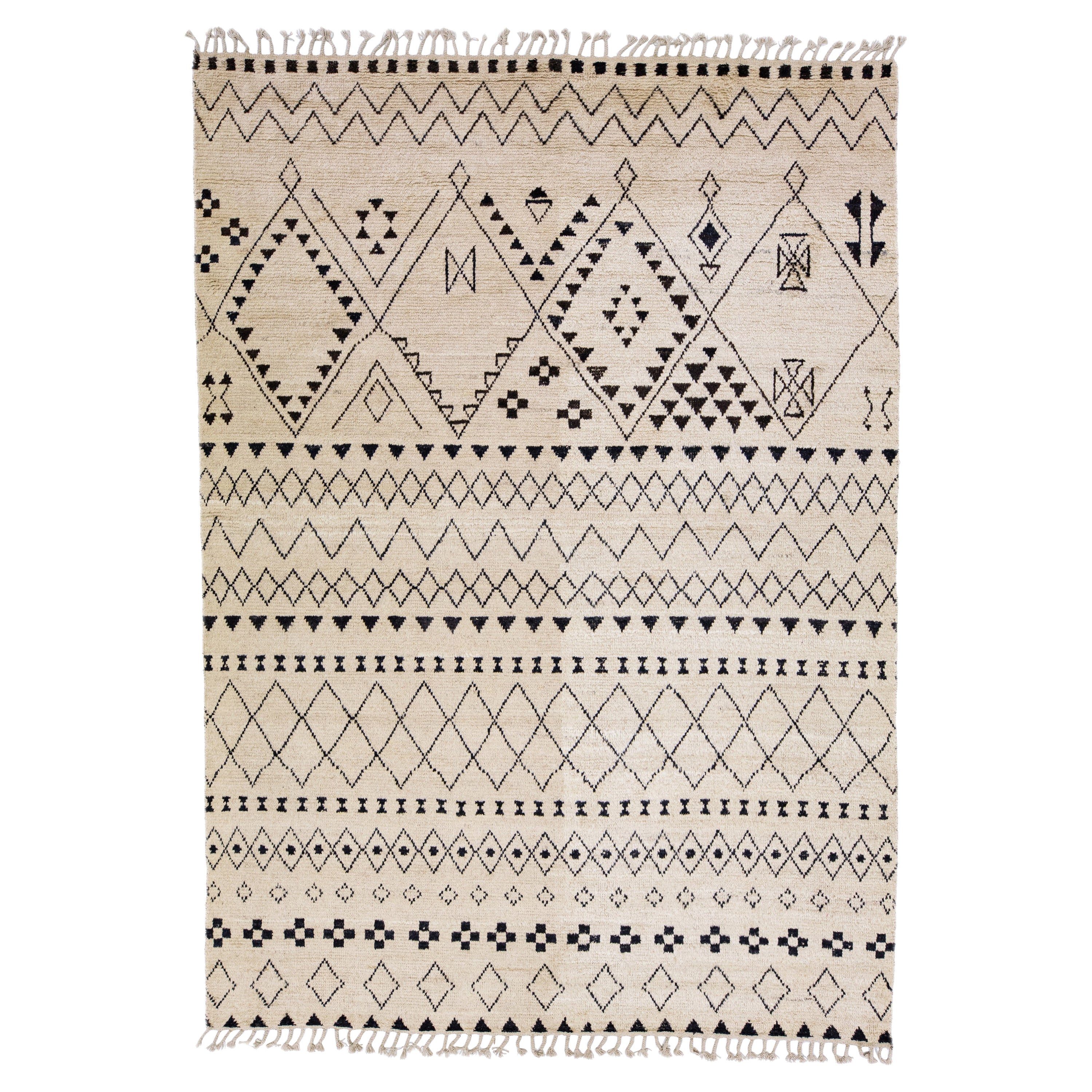 Contemporary Moroccan Style Handmade Tribal Beige Wool Rug For Sale