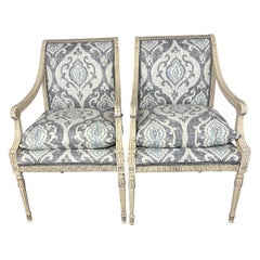 Vintage French, Louis XVI Style Chairs in Grey / Blue Ikat Linen