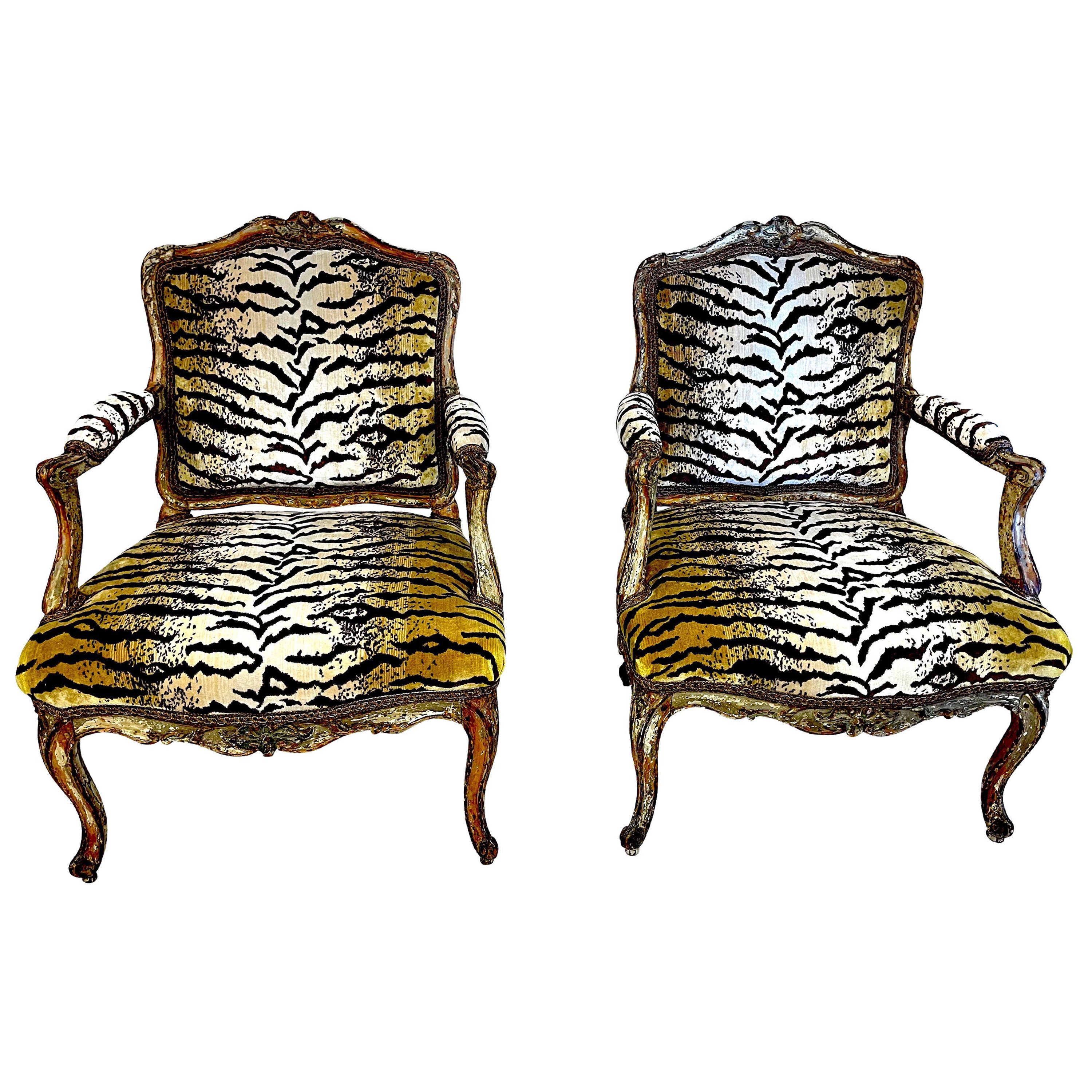 Pair of 19th Century Louis XV Armchairs in Scalamandre Le Tigre Upholstery For Sale