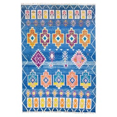 Tappeto in lana blu fatto a mano in stile marocchino moderno con motivo geometrico tribale