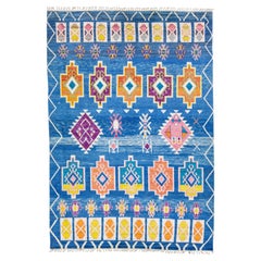  Tapis en laine bleue de style marocain moderne fait à la main avec motif tribal géométrique