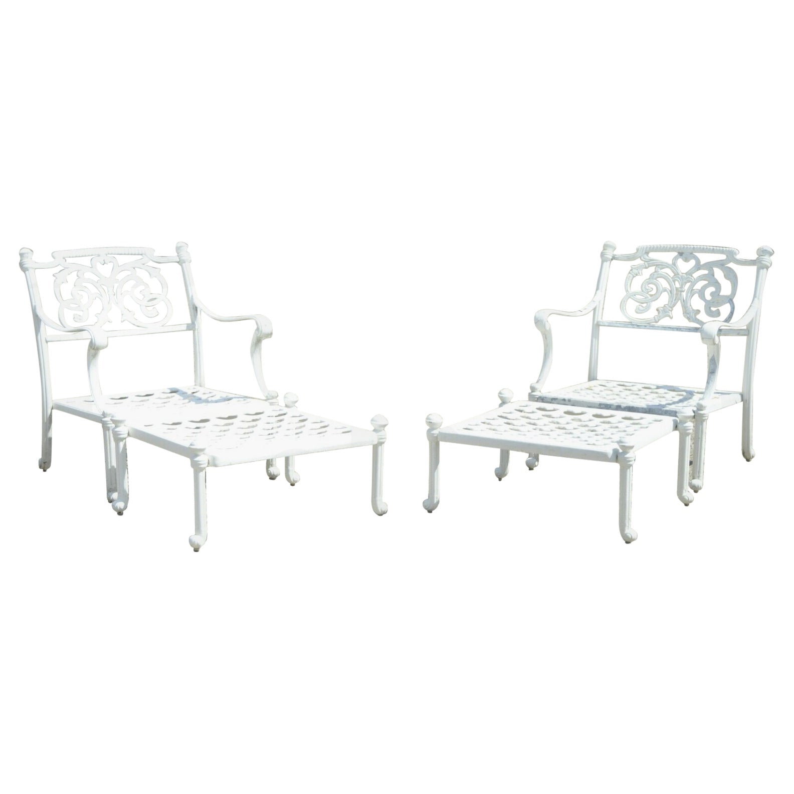 Regency Scrollwork Aluminum Garden Patio Lounge Arm Chairs with Ottoman, a Pair For Sale