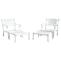 Regency Scrollwork Aluminum Garden Patio Lounge Arm Chairs with Ottoman, a Pair