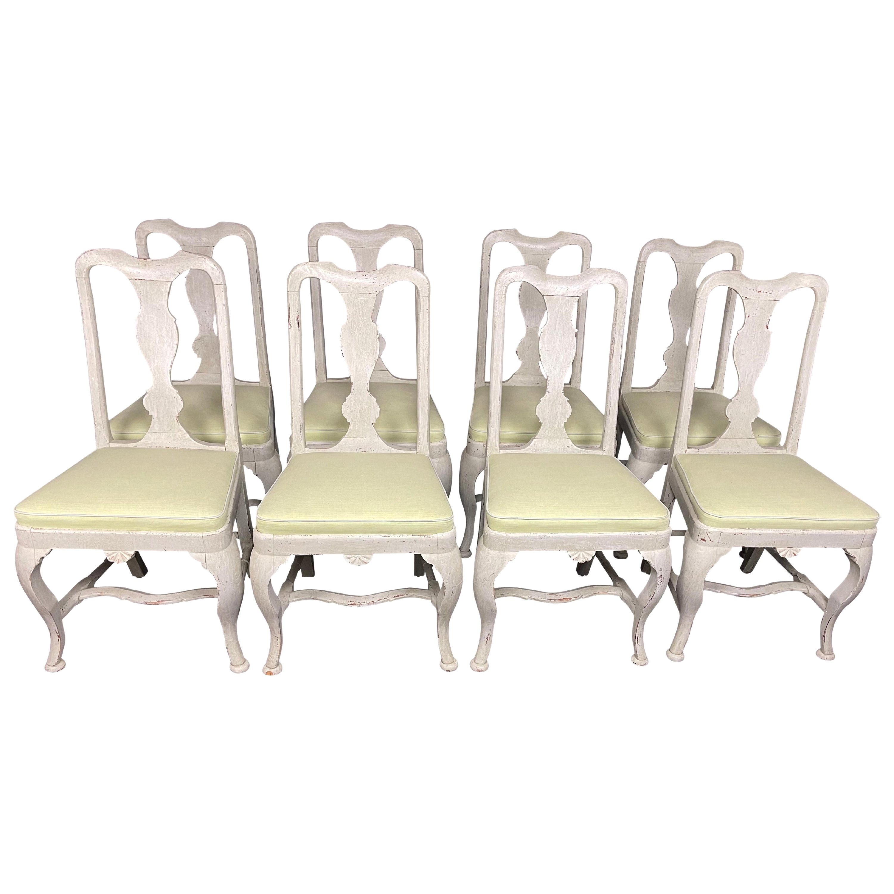 Set of Eight Queen Anne Style Pale Grey Lime Washed Dining Chairs For Sale