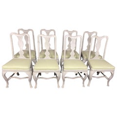 Set of Eight Queen Anne Style Pale Grey Lime Washed Dining Chairs