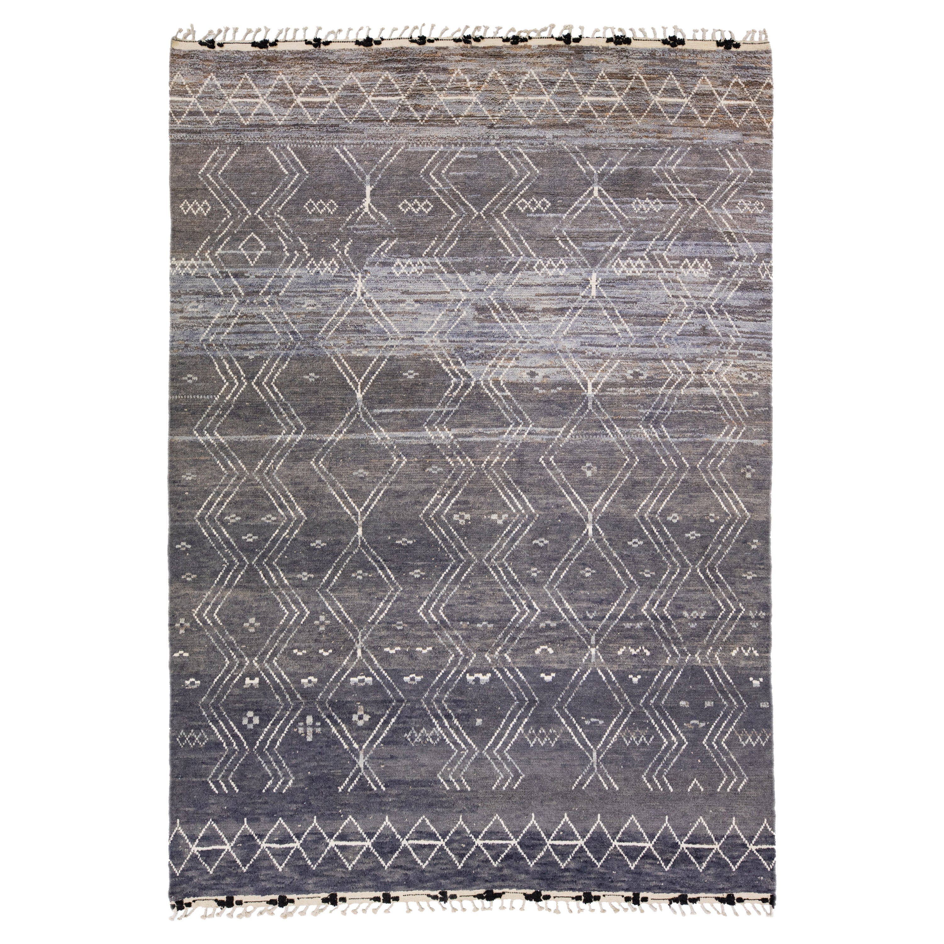 Modern Moroccan Style Handmade Gray Wool Rug with Tribal Motif