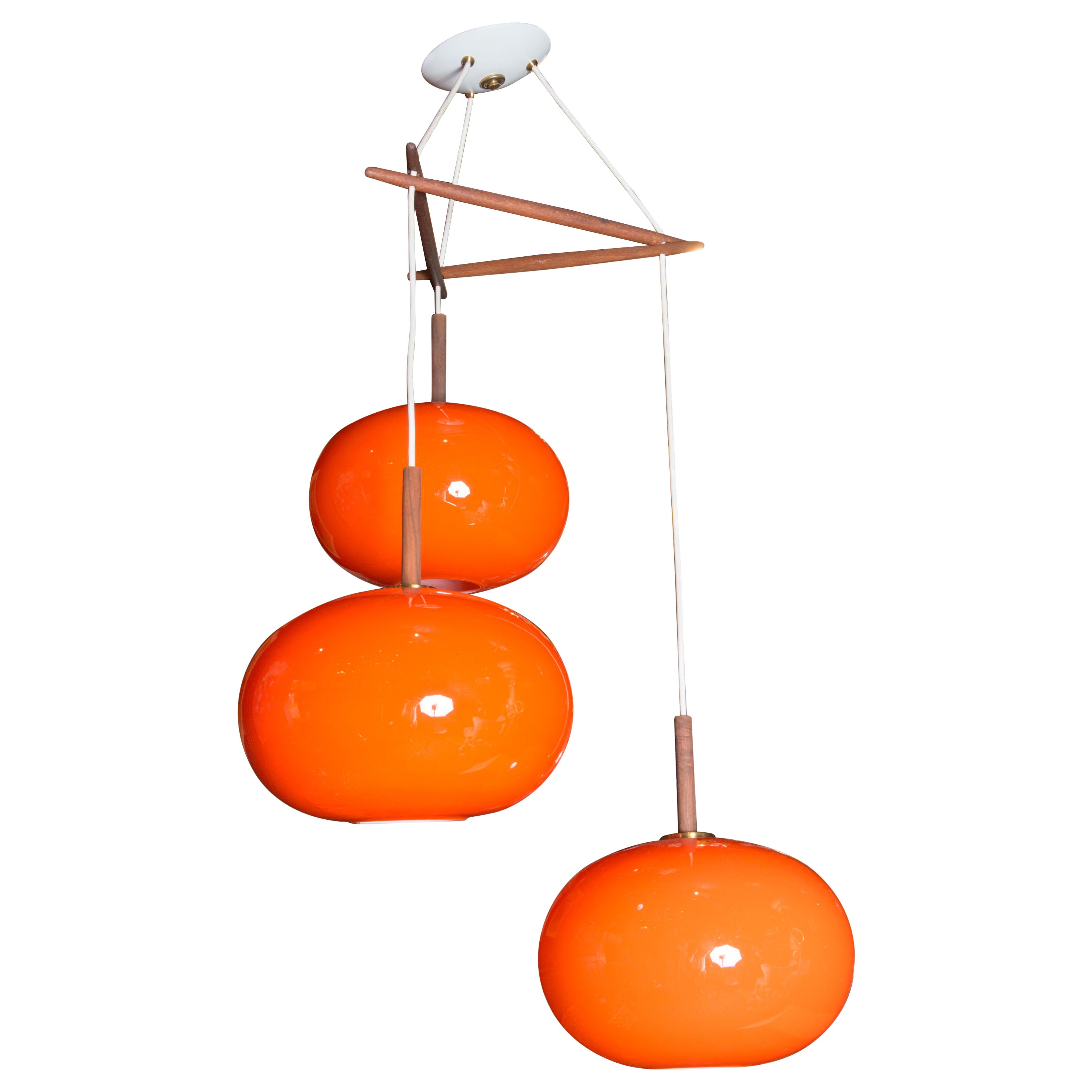 Scandinavian Three Orange Glass Globe Pendant Chandelier For Sale