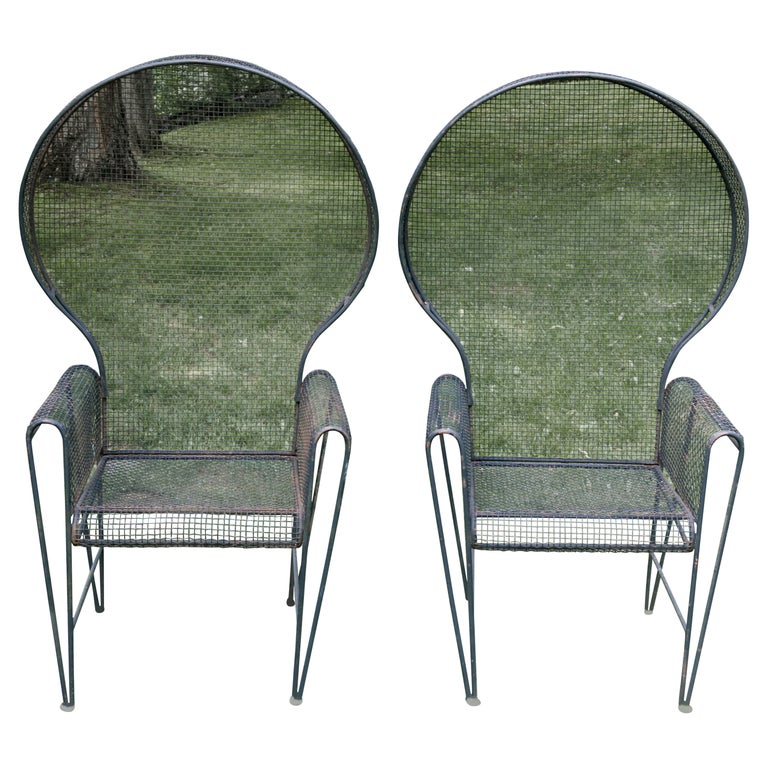 Pair Woodard Wrought Iron Canopy Garden Arm Chairs For Sale