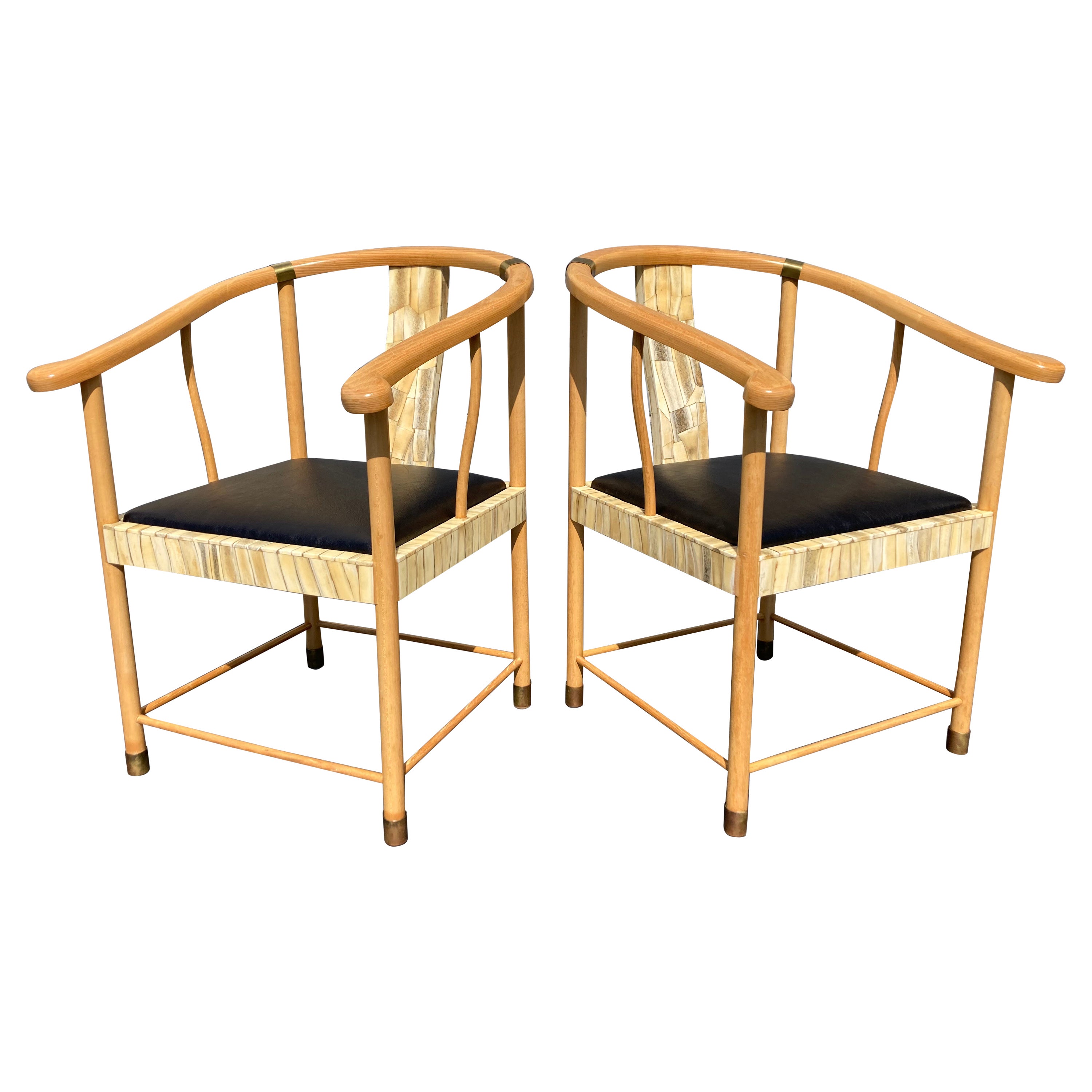 Pair of Designer Chairs, Bone, Black Leather, Brass For Sale