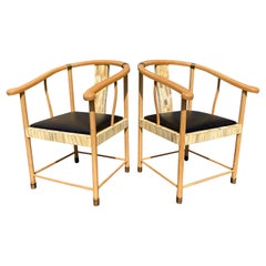 Retro Pair of Designer Chairs, Bone, Black Leather, Brass