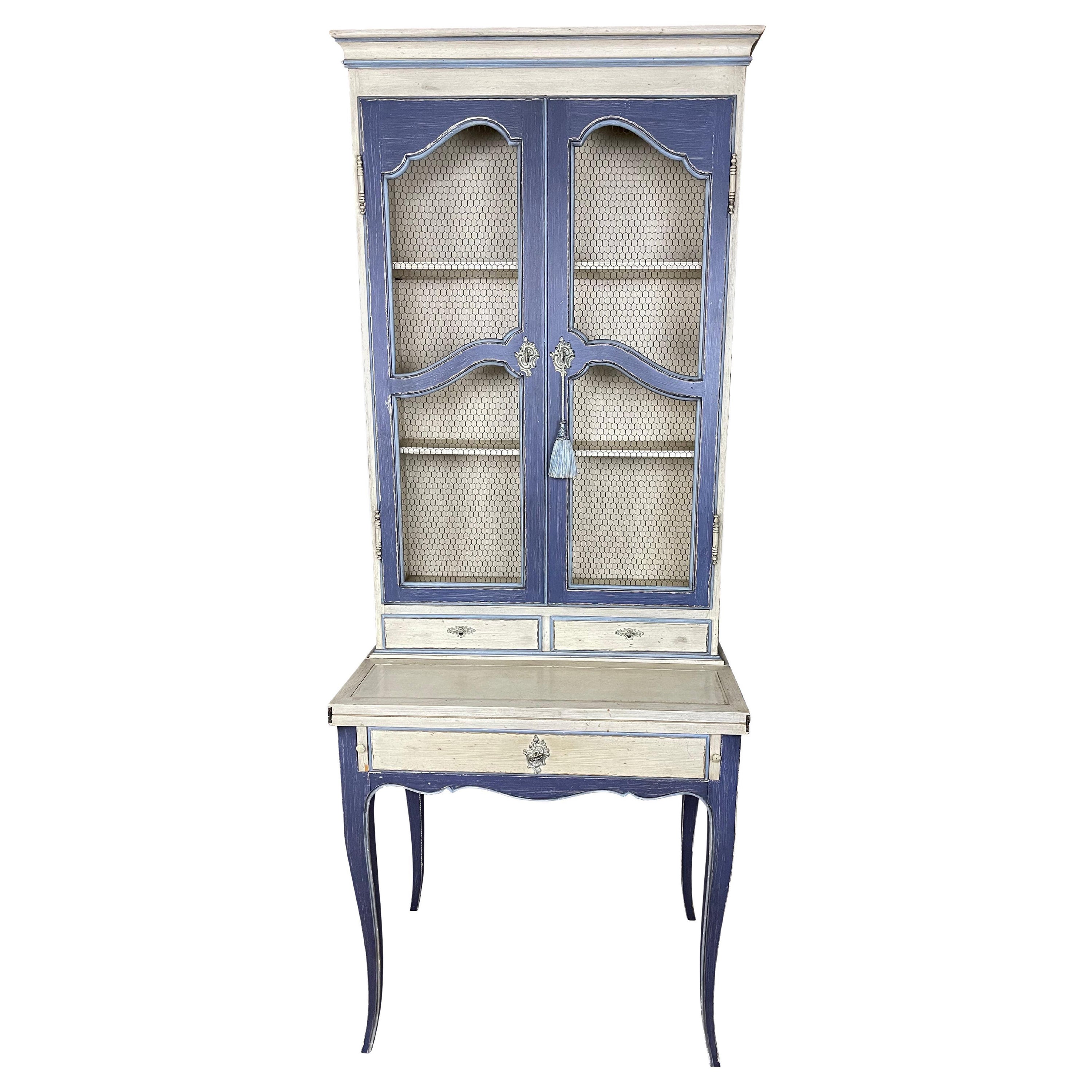 Pierre Deux French Country Blue Secretaire Desk with Wire Doors  For Sale