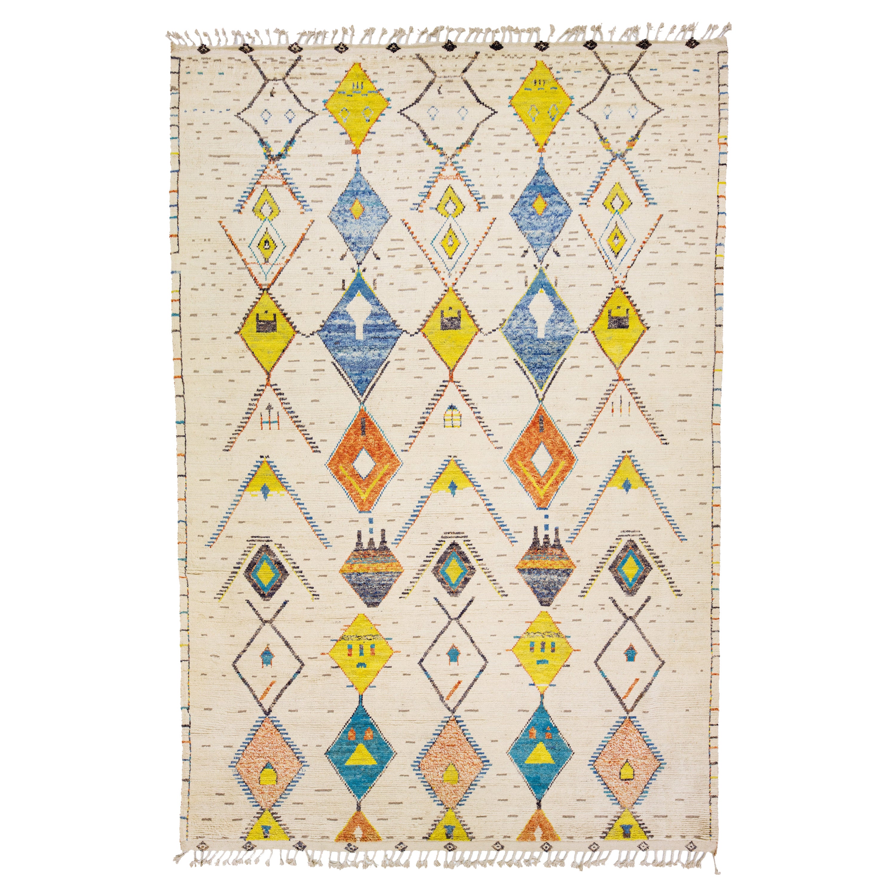 Tapis moderne en laine beige de style marocain à motifs tribaux faits à la main
