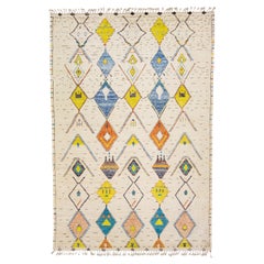 Modern Moroccan Style Beige Handmade Tribal Motif Wool Rug