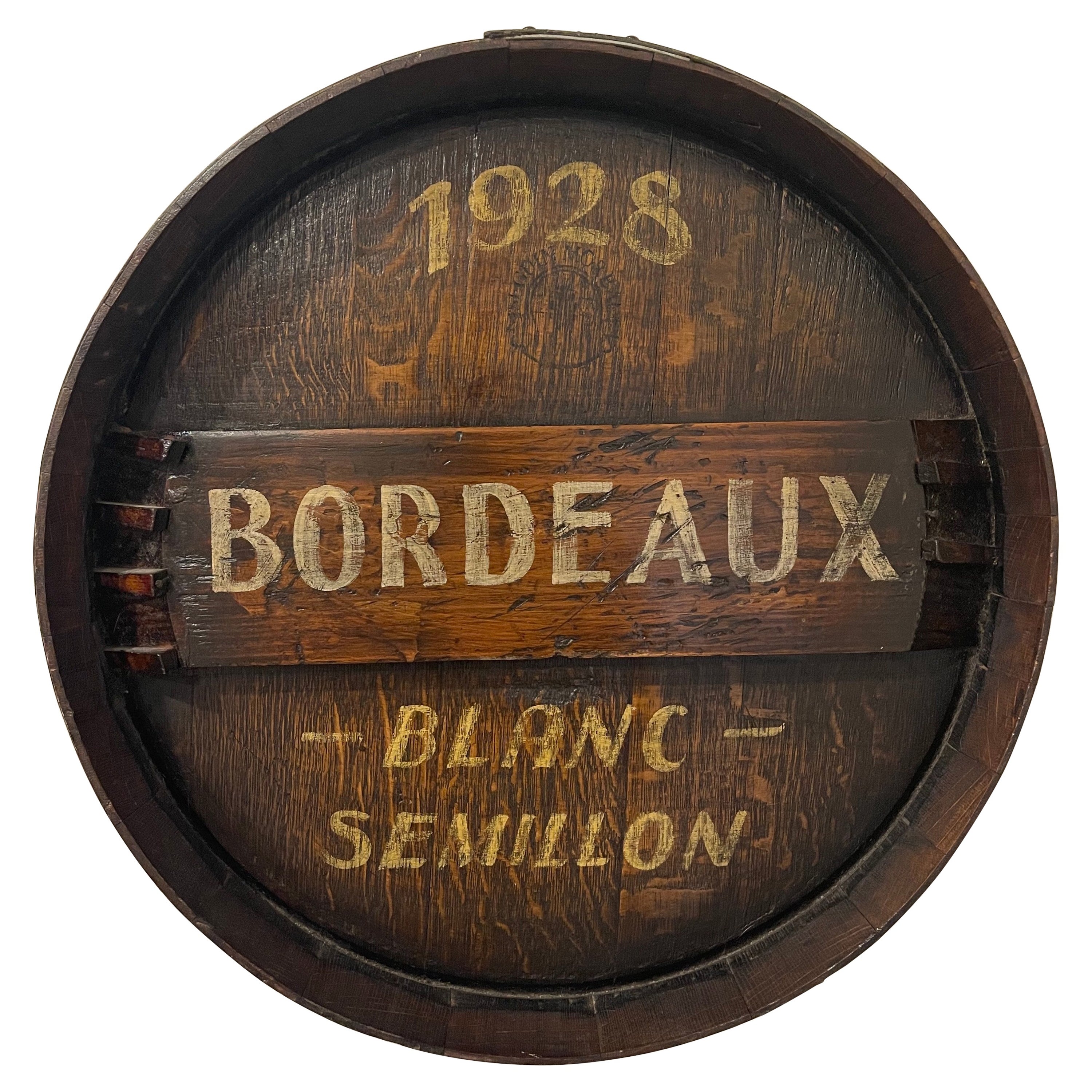 Early 20th Century French Iron and Oak Decorative Wine Barrel Top Dated, 1928 For Sale