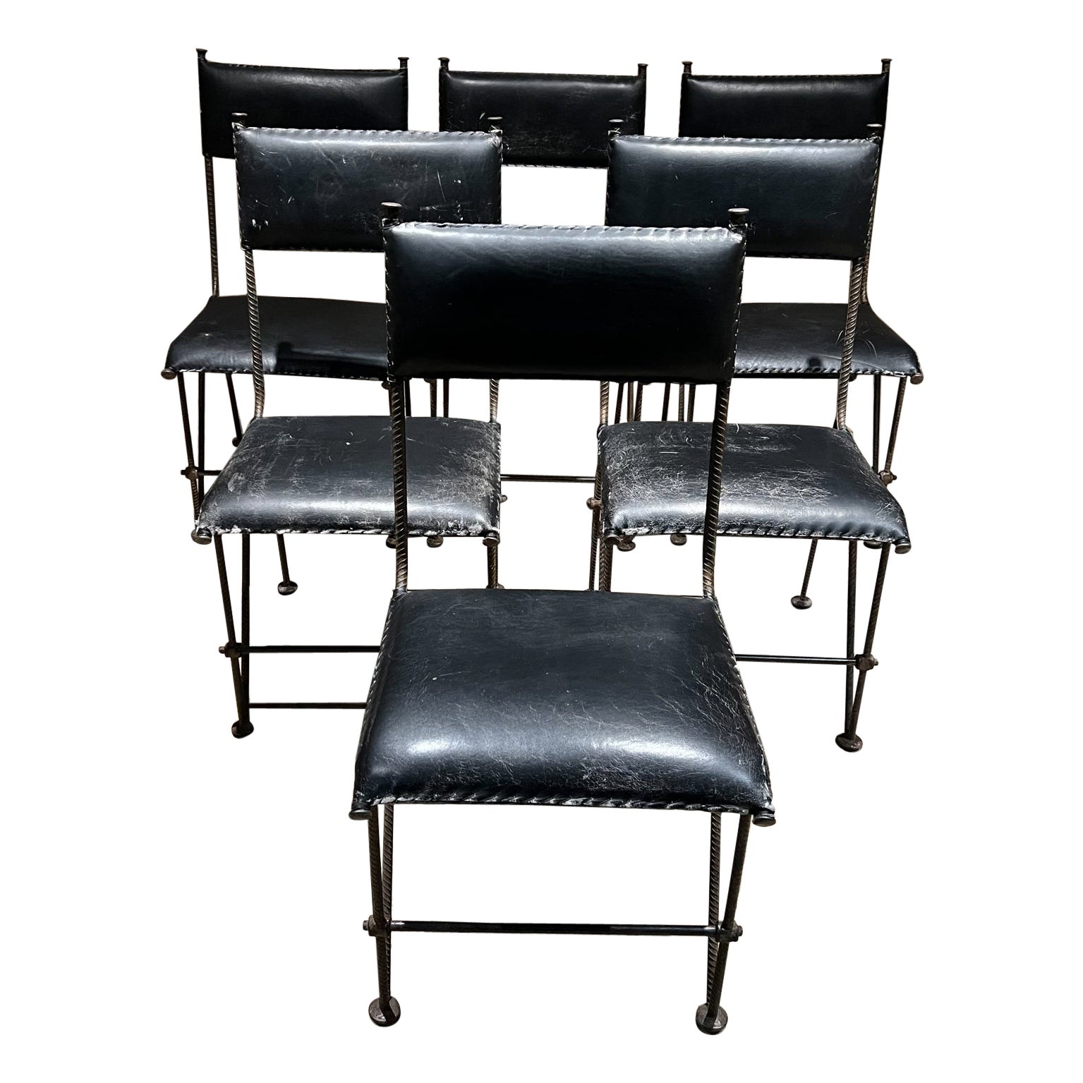 1940s French Modernism 6 Black Leather Dining Chairs Style of Jacques Adnet
