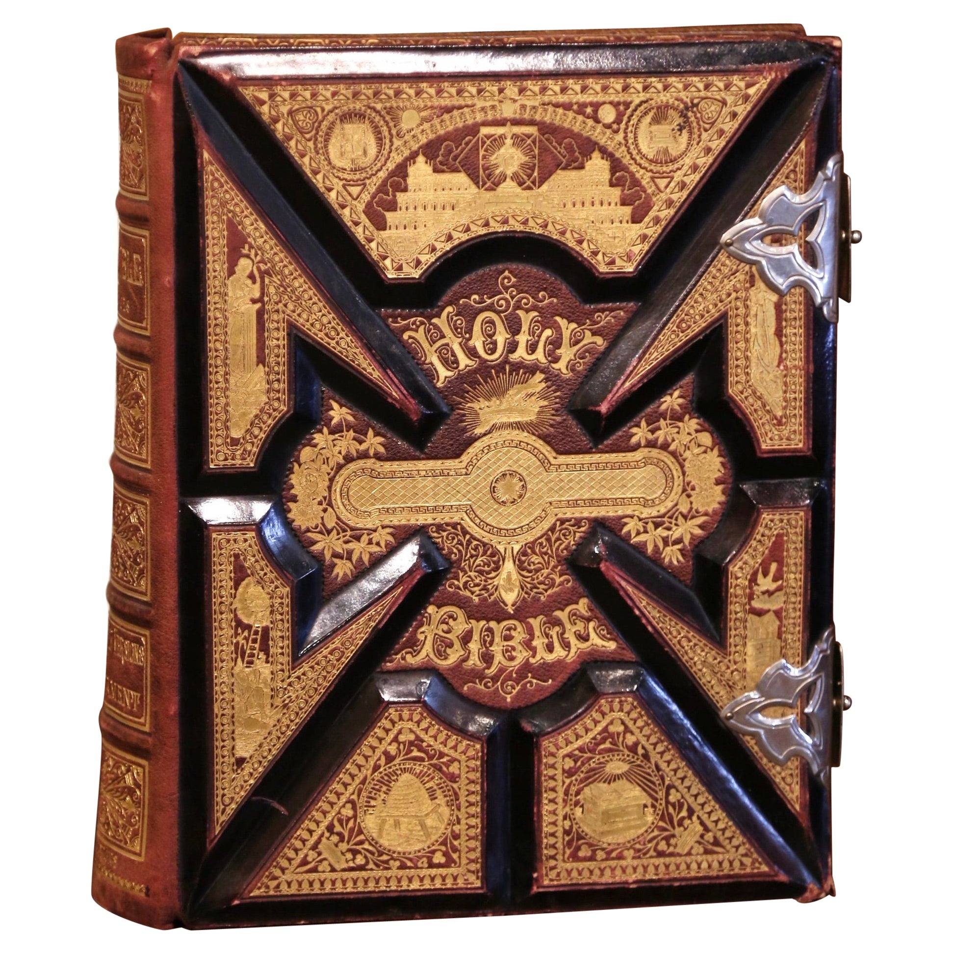 19th Century American Leather Bound and Steel Locks Family Holy Bible Dated 1884
