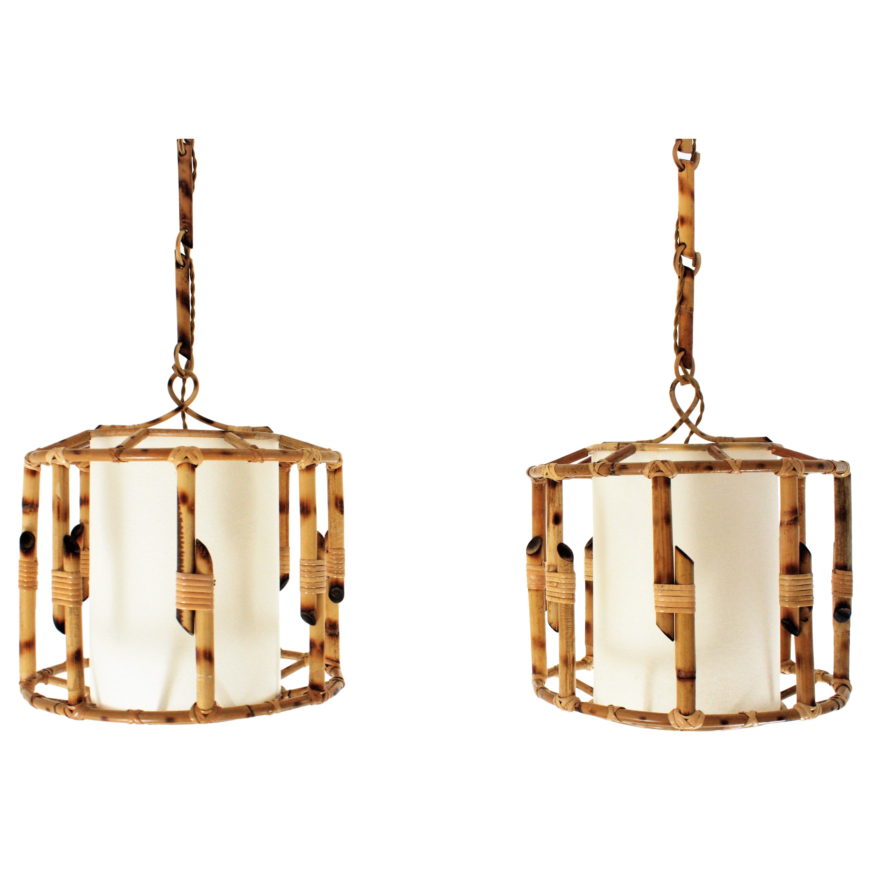 Pair of Bamboo Rattan Large Drum Pendant Lights / Lanterns