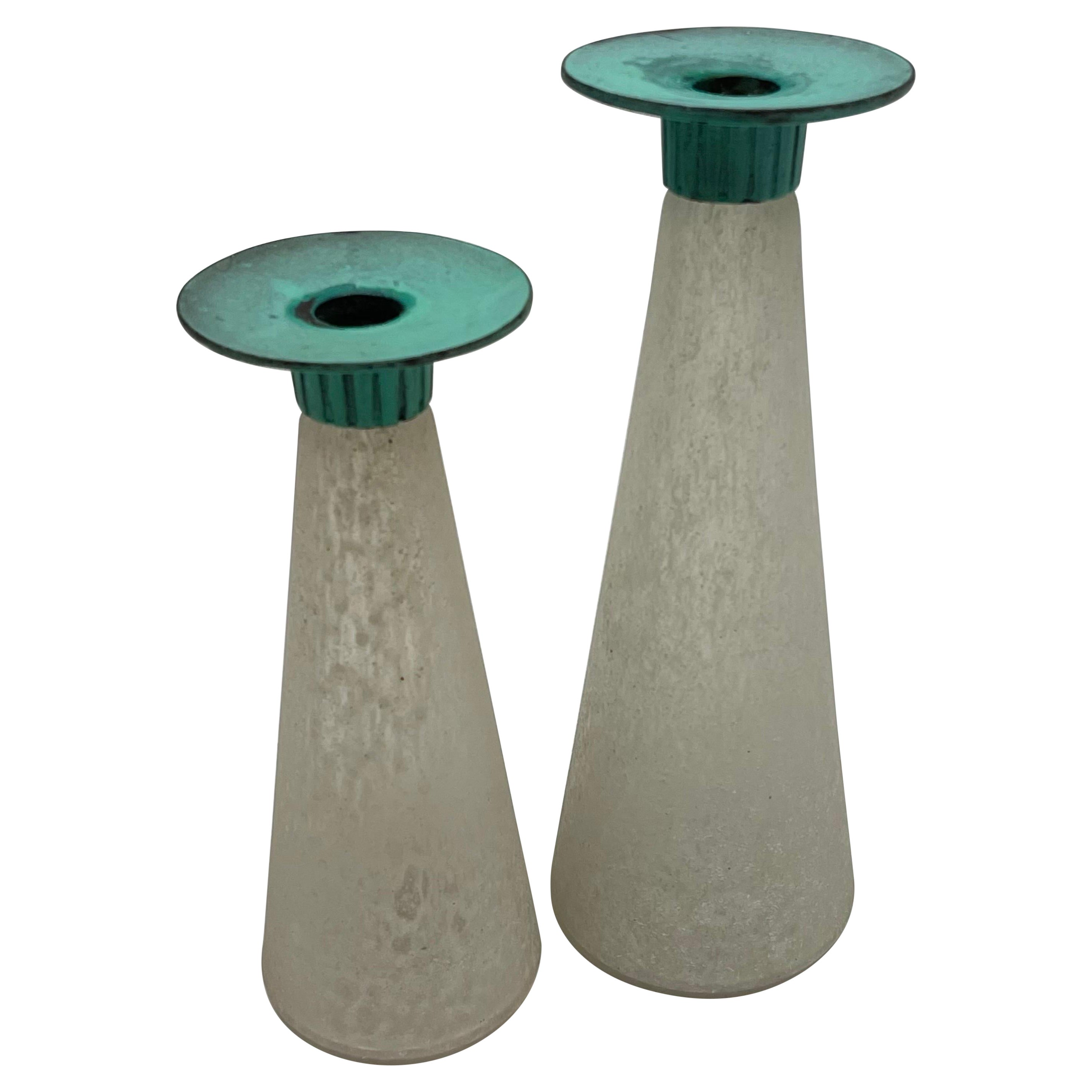 Pair of Toyo Scavo Glass & Verdigris Bronze Asymmetrical Candle Holders, Taiwan