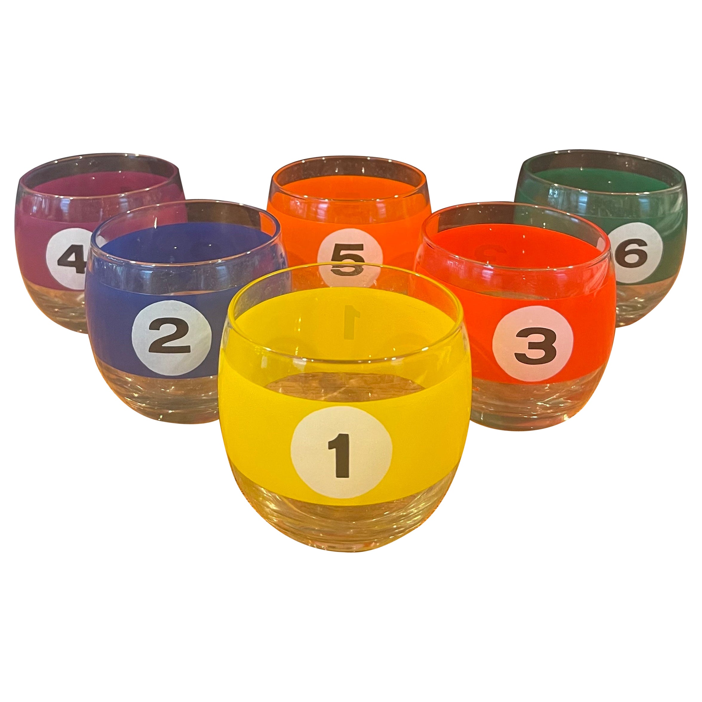 Set of Six Billiard / Pool Balls Roly Poly Cocktail Glasses with Box by Cera