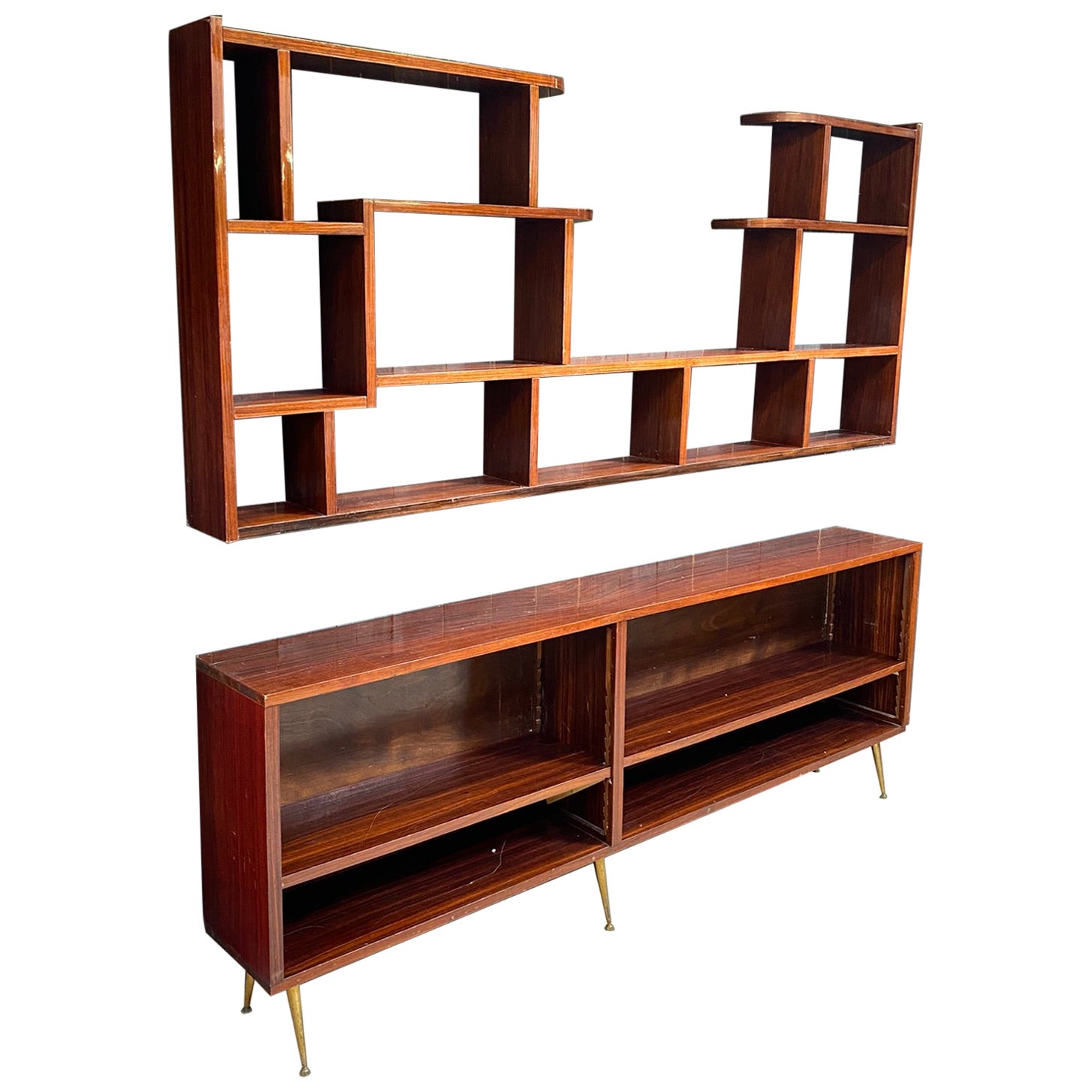 Large Library in Walnut Veneer and Brass circa 1960 For Sale