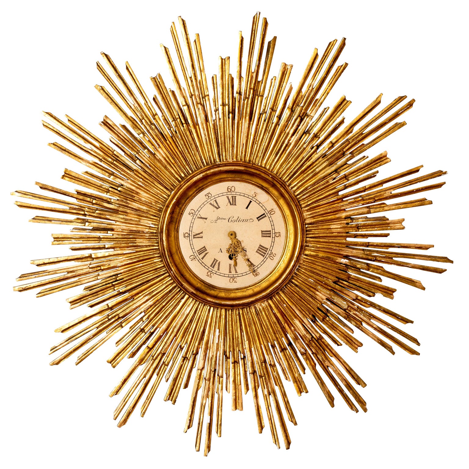 Decorative French Gilded Wood Sunburst Wall Clock For Sale