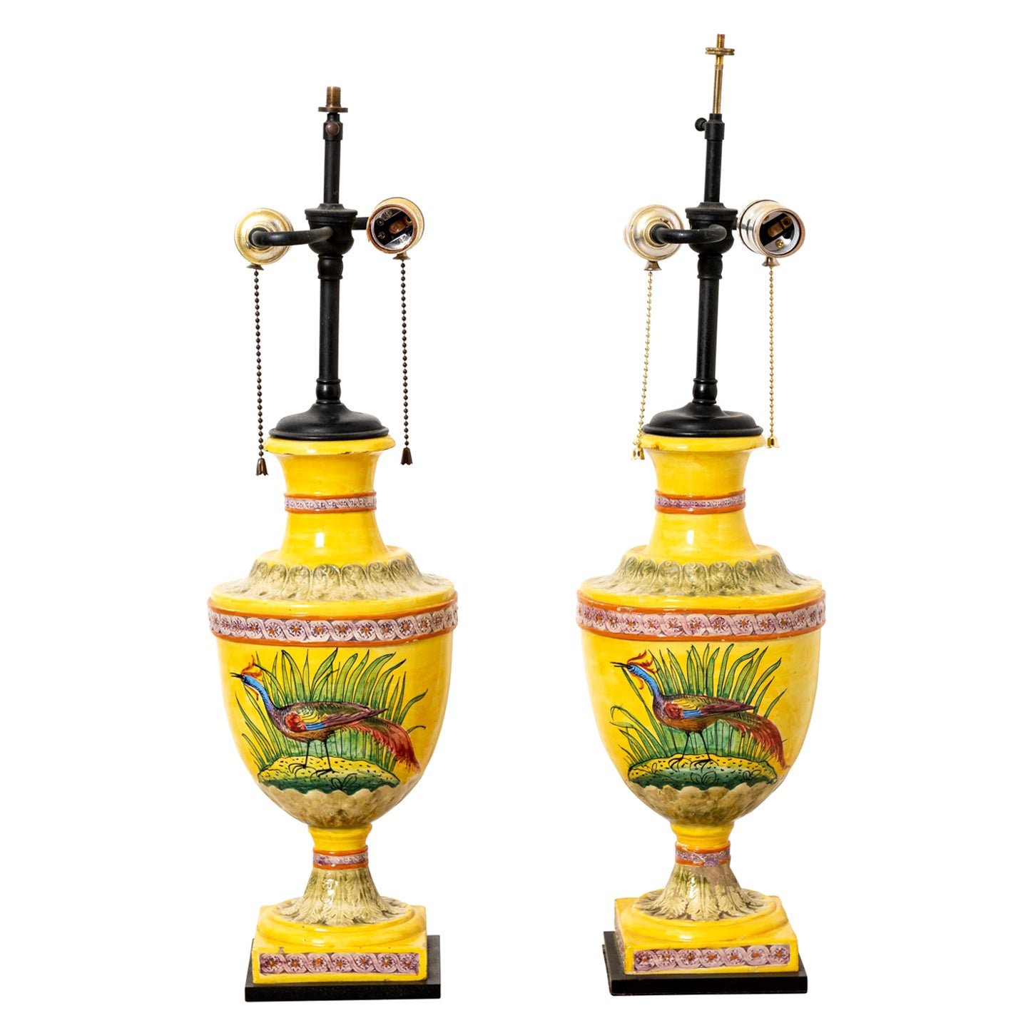 Pair of Urn Form Majolica Lamps For Sale