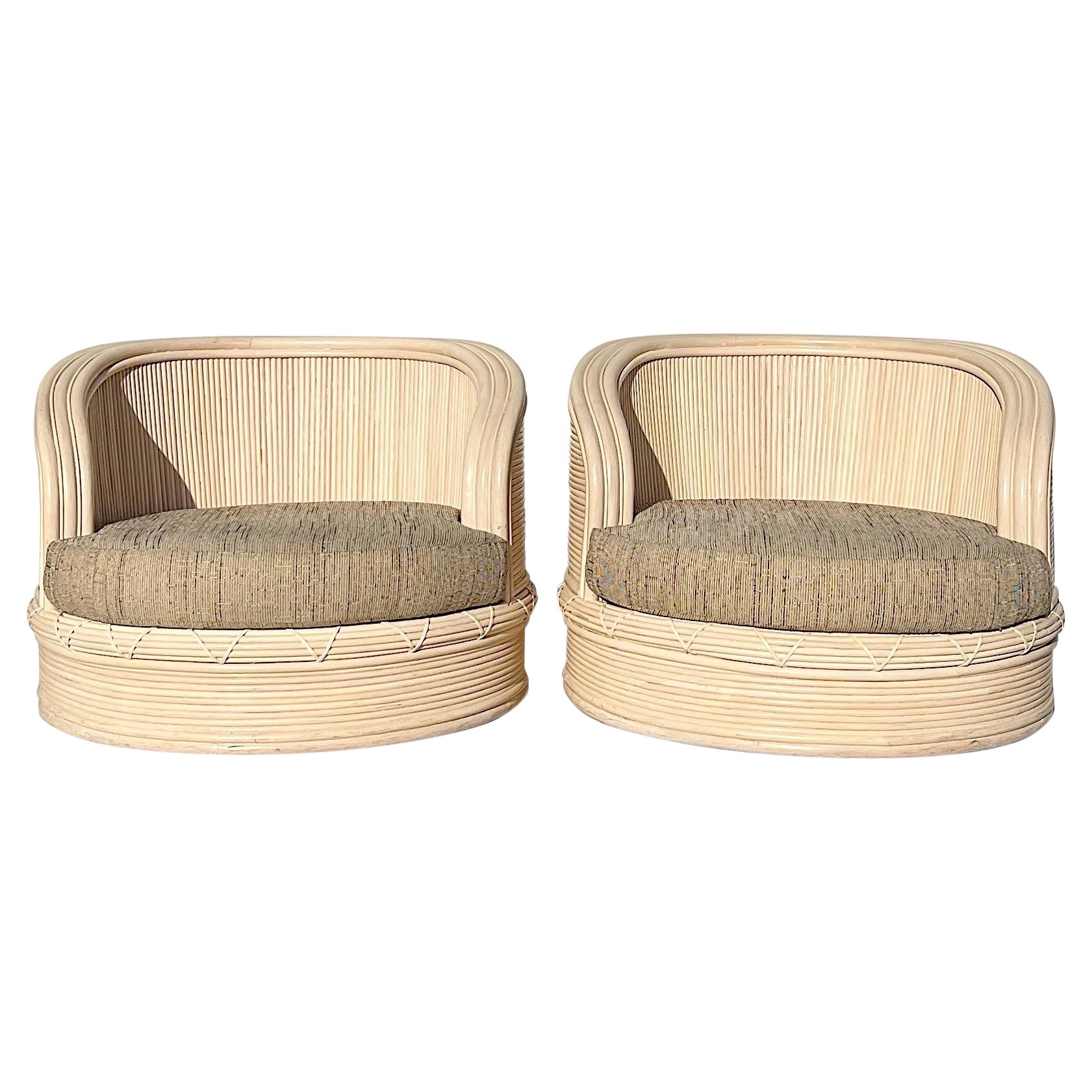 Pair of Curved Pencil Reed Swivel Chairs 