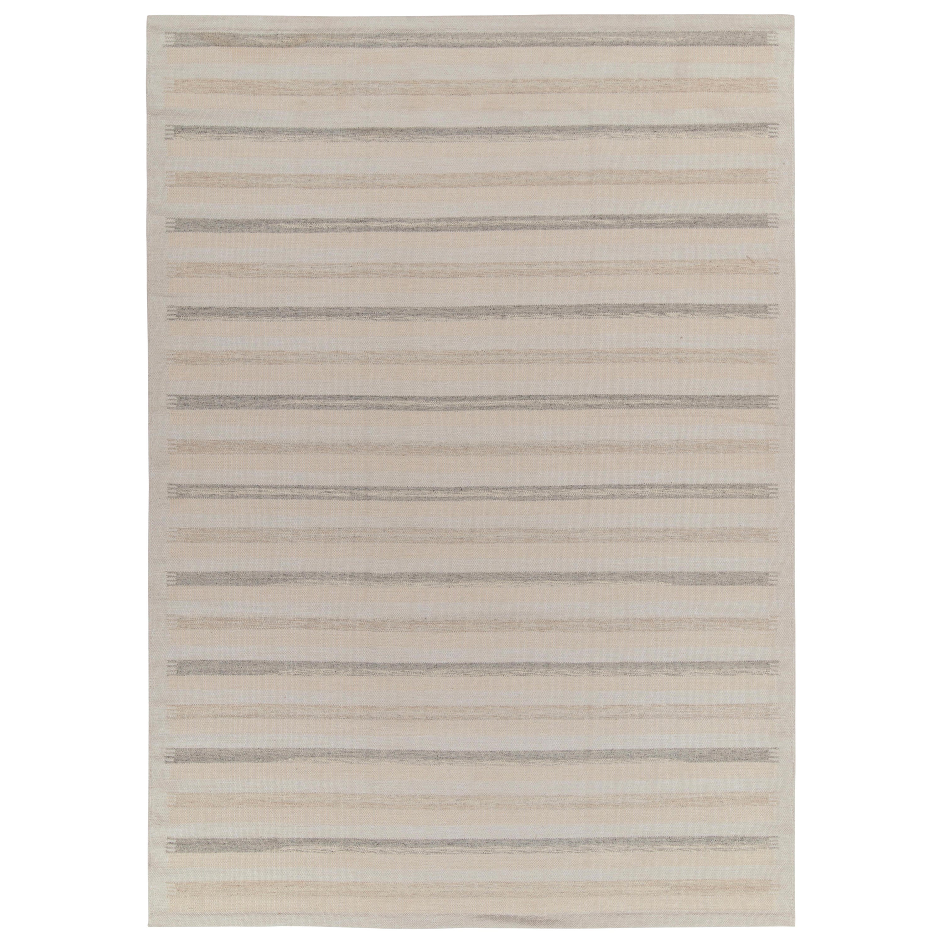 Rug & Kilim’s Scandinavian Style Kilim in White, Beige and Gray Stripes For Sale