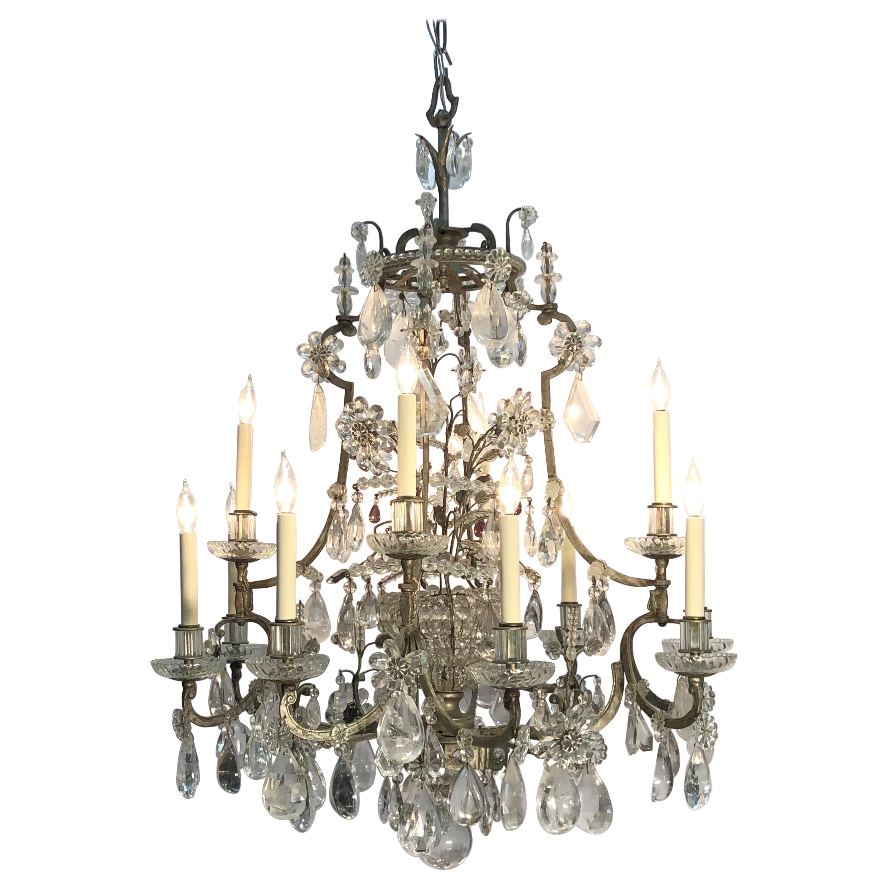 Maison Baguès attributed, Wrought Iron Rock Crystal 12 Light Chandelier