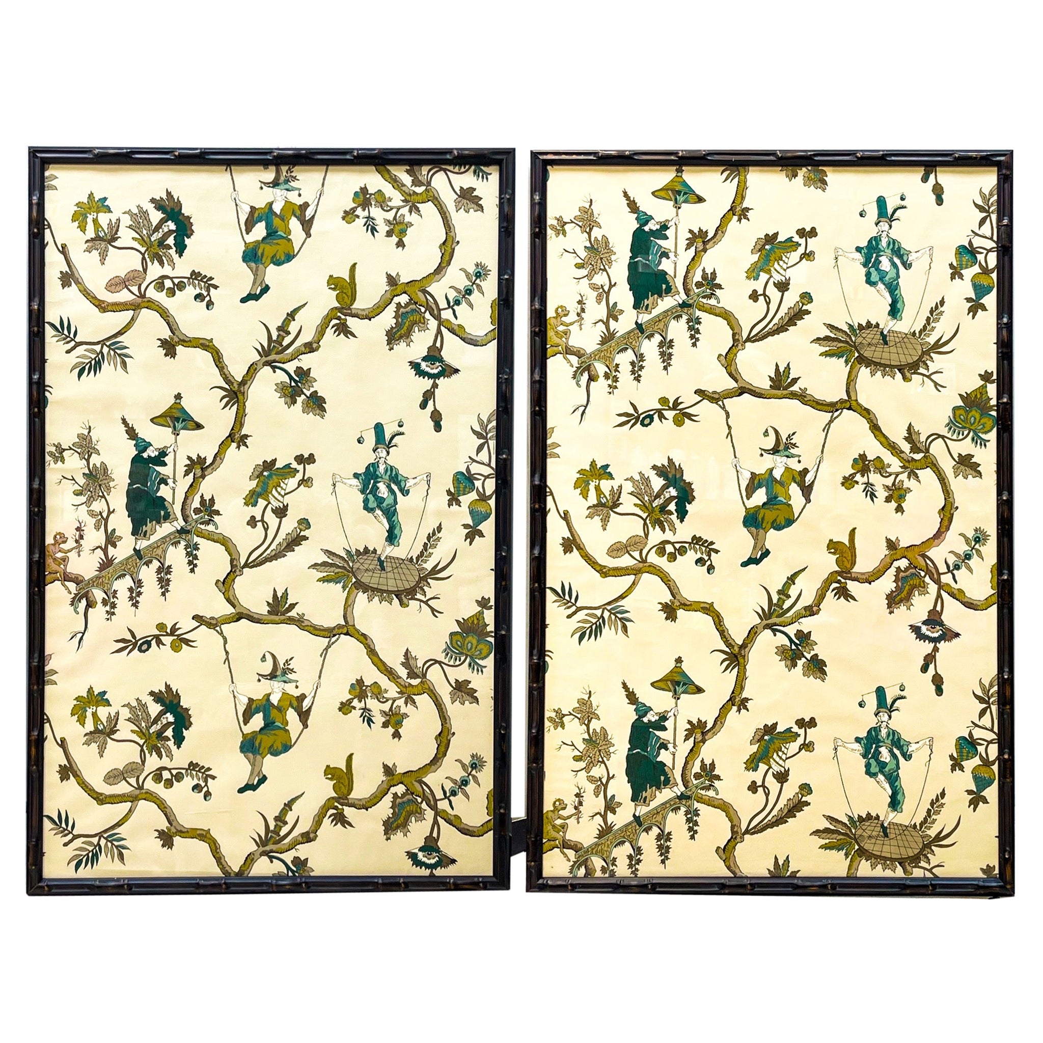 French Chinoiserie Panels by A.L. Diament & Co. in Faux Bamboo Frames, S/2