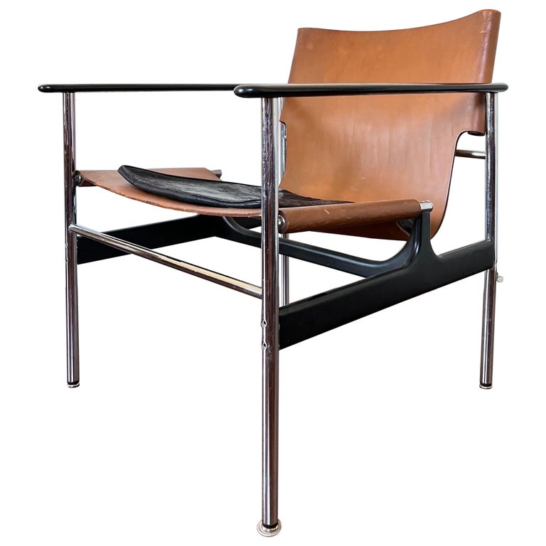 Vintage Leather and Chrome Sling Lounge Chair by Charles Pollock for Knoll For Sale