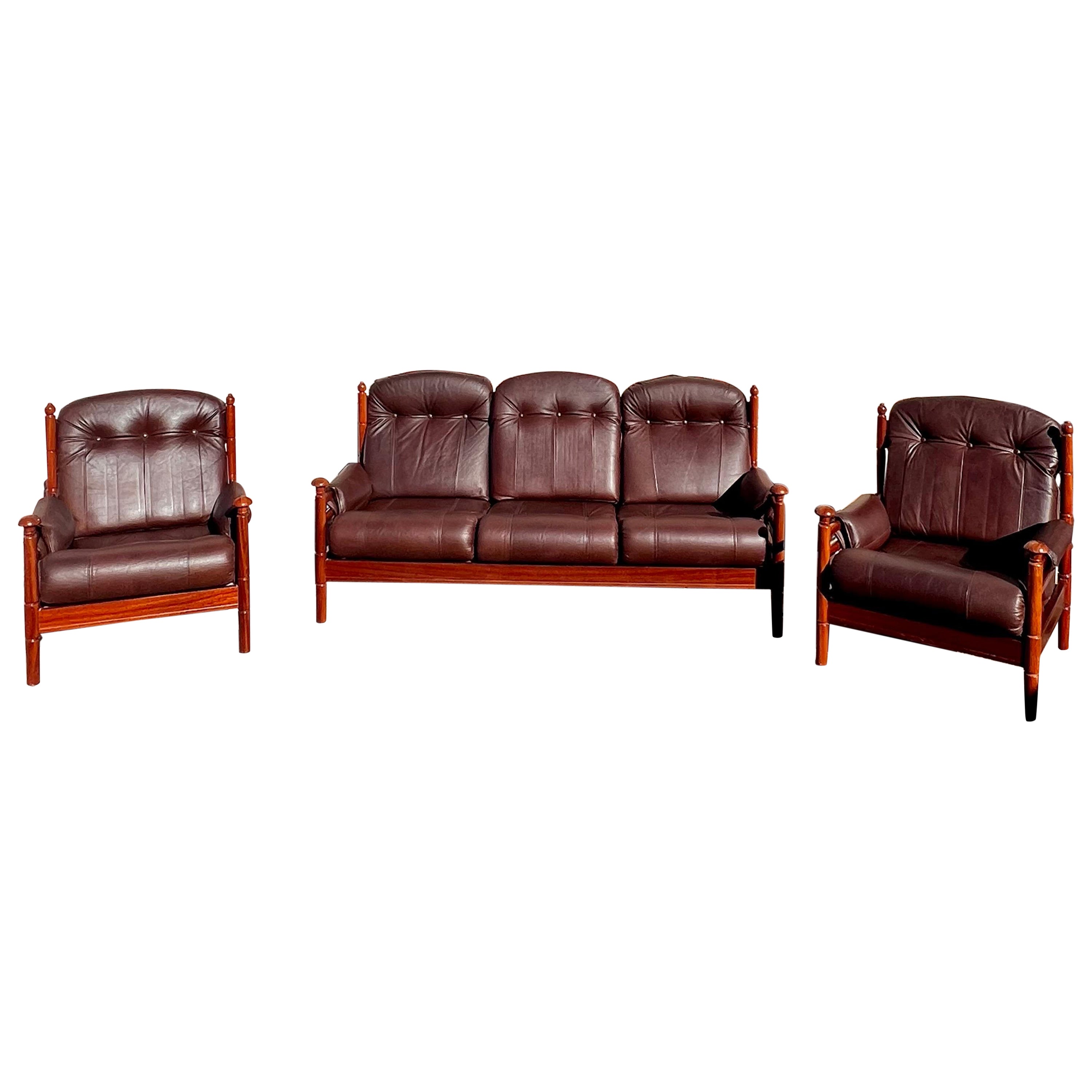 *This listing is for one sofa, side chairs have sold*

Vintage Scandinavian style mid century modernbrown leather sofa by Reid. Includes l 1 sofa, the side chairs have sold. Overall in excellent condition.

Dimensions: 
Sofa: 35” H x 72” W x 36” D