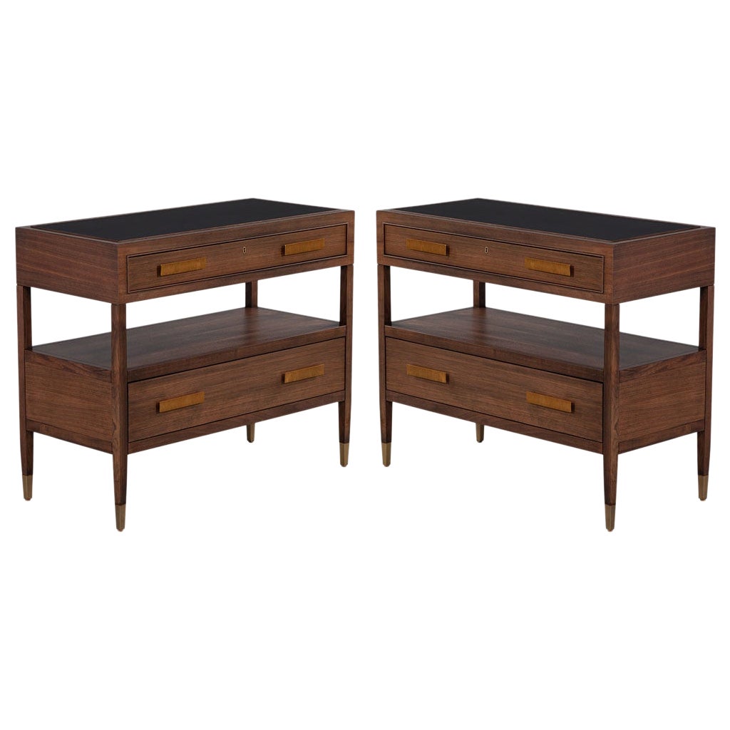 Pair of Walnut Nightstand Chests with Black Lacquered Tops For Sale