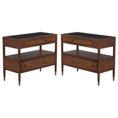 Pair of Walnut Nightstand Chests with Black Lacquered Tops