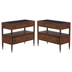 Pair of Walnut Nightstand Chests with Black Lacquered Tops