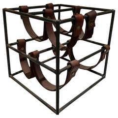 1950s Style of Arthur Umanoff Rustic Modern Wine Rack Wrought Iron and Leather 